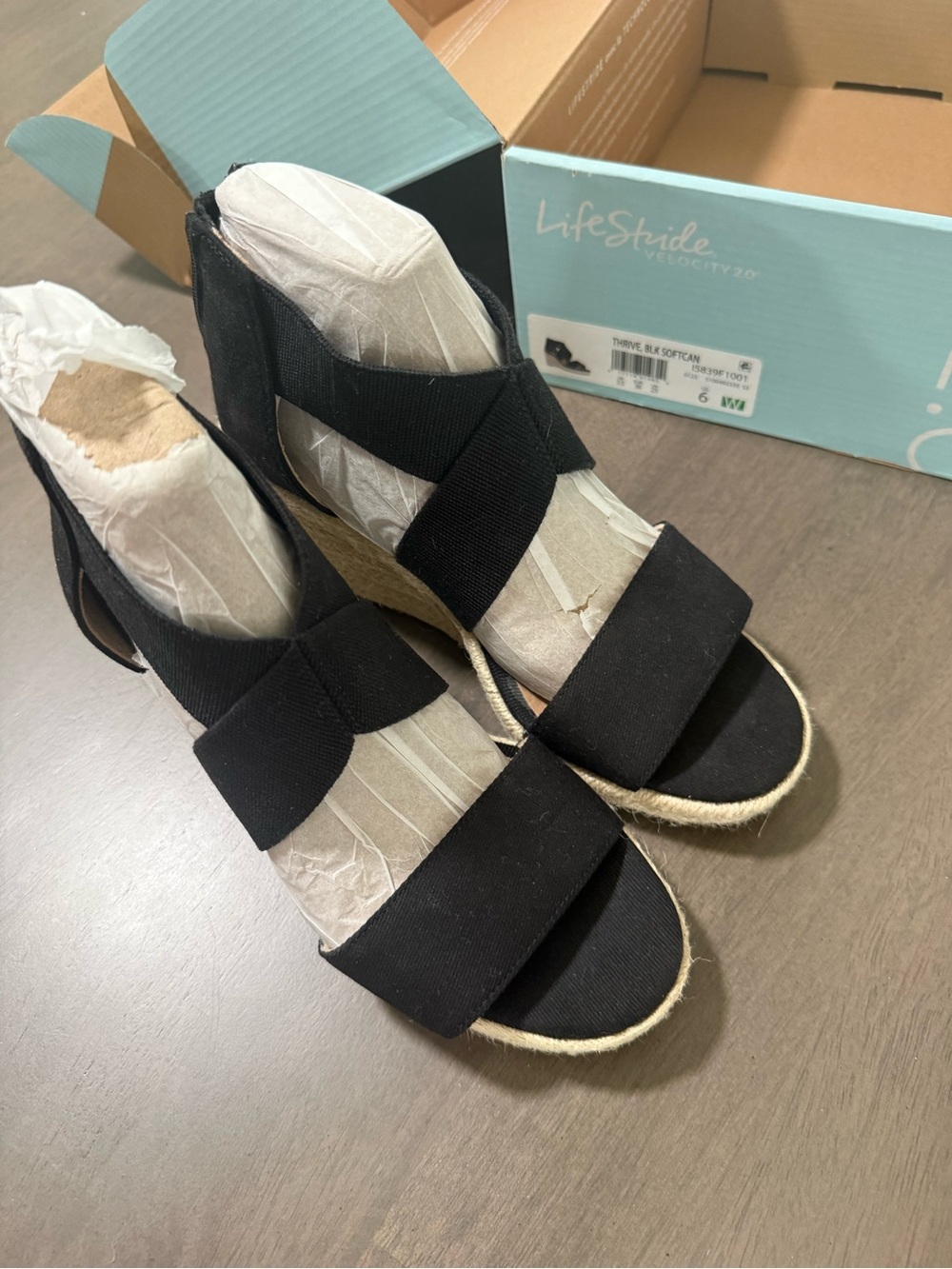 Life Stride Black Elastic Strap Wedge Sandals